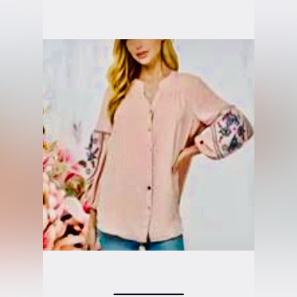 Fig&Flower  Pink Embroidered Button Down Blouse Size L - Picture 1 of 11